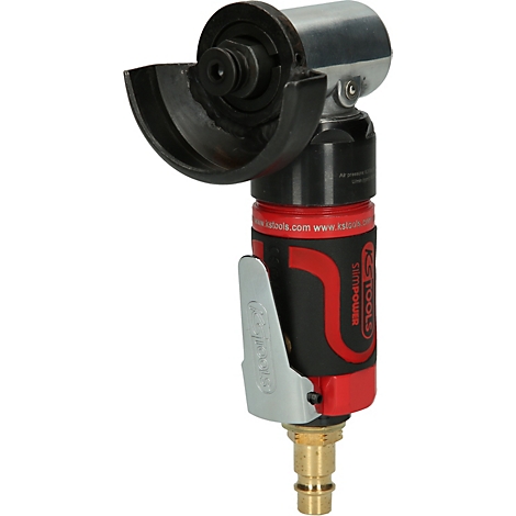 Eine Winkelschleifer Maschine in Schwarz, Rot und Silber, mit Schutzhaube. Der Schriftzug KS Tools ist auf dem Gehäuse zu sehen.